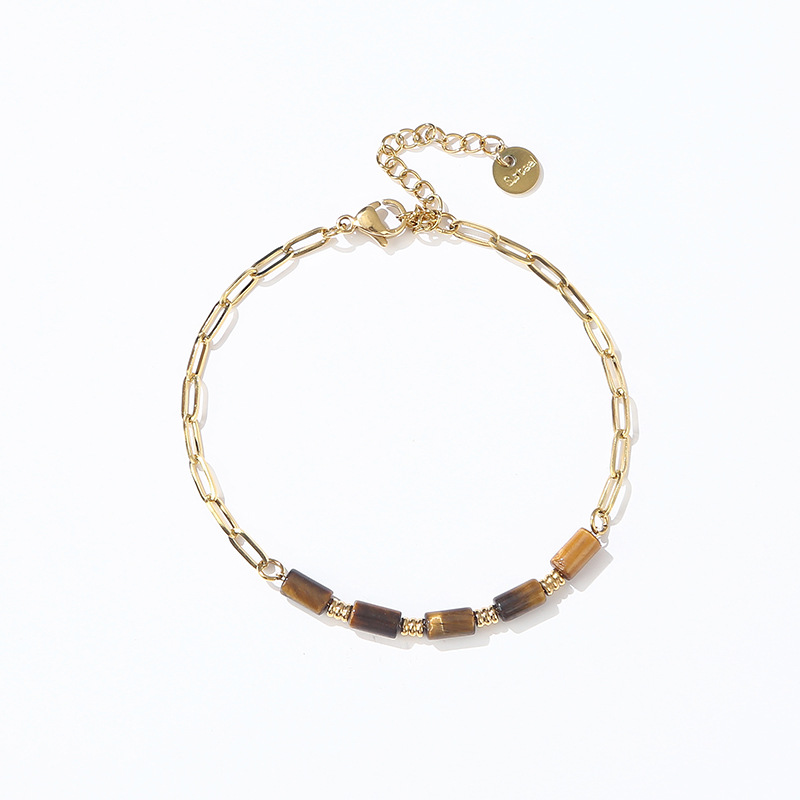 Fashion Real Gold + Tiger Eye Stone In The Furnace Stainless Steel Tiger Eye Lapis Head Beaded Chain Bracelet