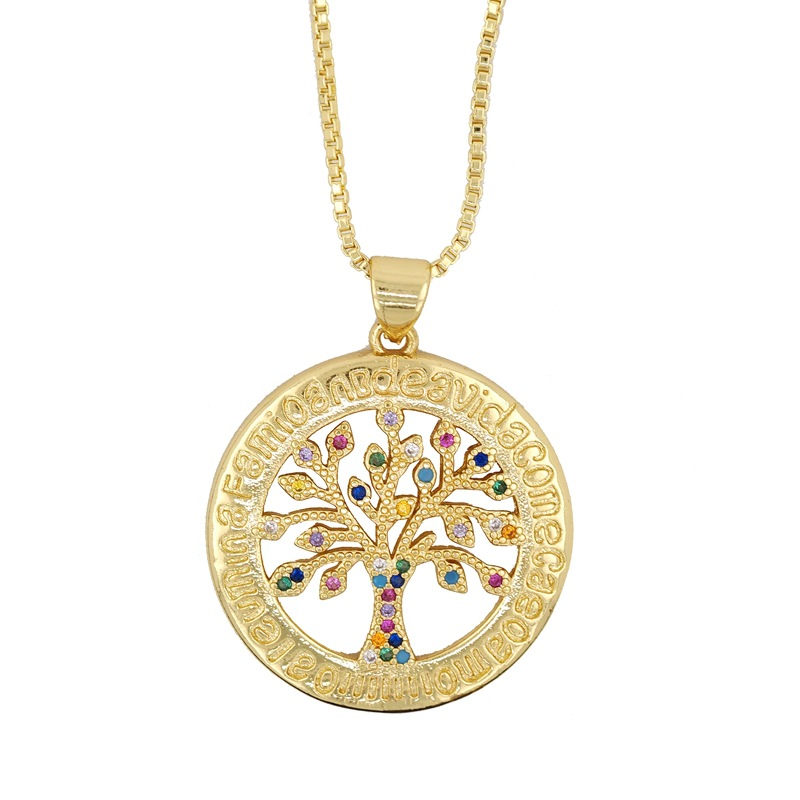 Fashion Round Colored Zirconium 1 Copper And Diamond Tree Of Life Geometric Necklace