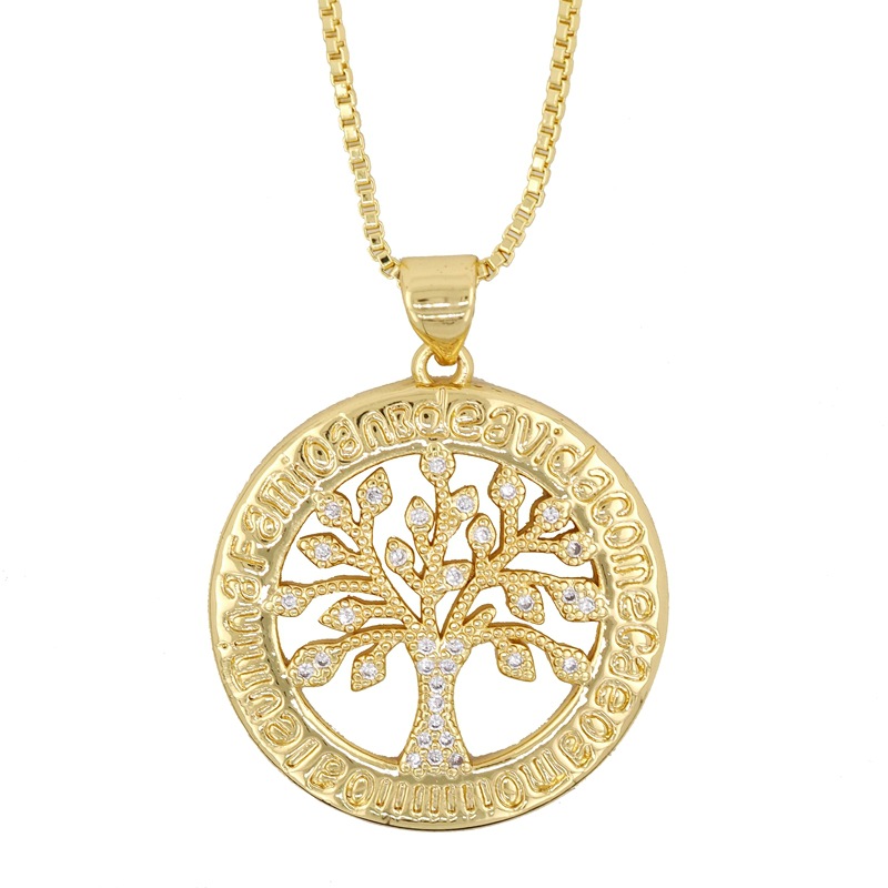 Fashion Round White Zirconium 2 Copper And Diamond Tree Of Life Geometric Necklace