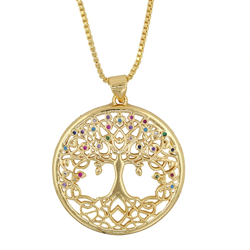 Fashion Round Copper And Diamond Tree Of Life Geometric Necklace