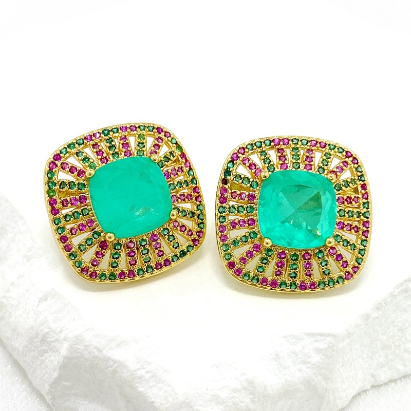 Fashion Green Copper Diamond Square Stud Earrings