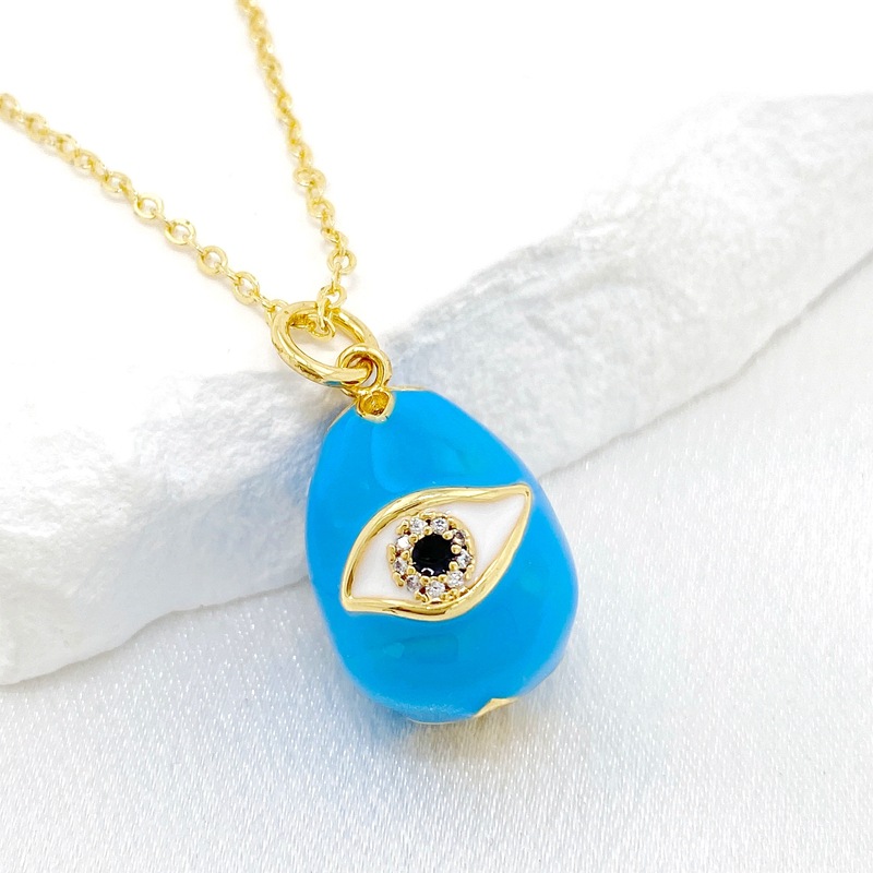 Fashion Blue Black Eyes Copper Diamond Eye Drop Necklace