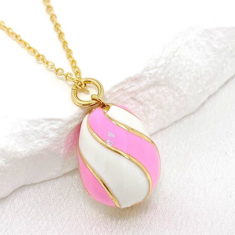 Fashion Pink And White Lines Copper Dripping Oil Colored Egg Necklace