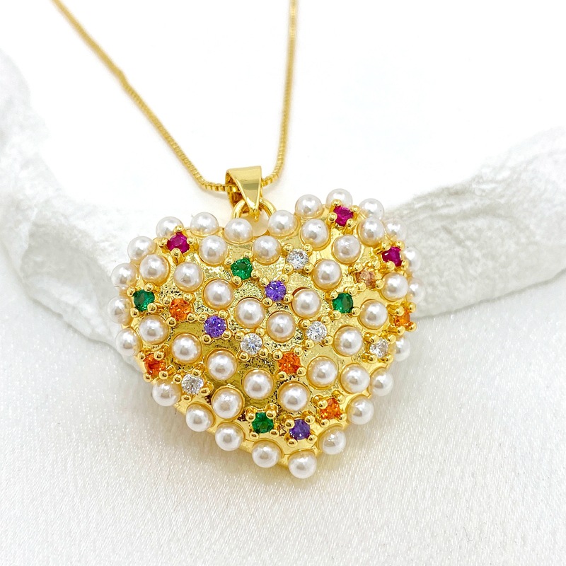 Fashion Gold Copper Diamond And Pearl Love Necklace