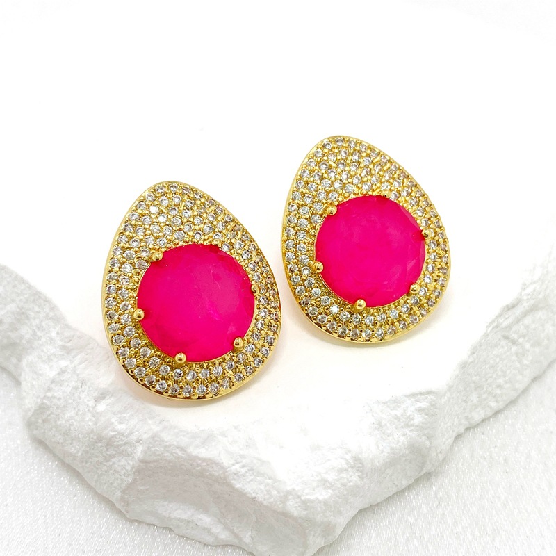 Fashion Rose Red Copper Drop-shaped Earrings With Diamonds