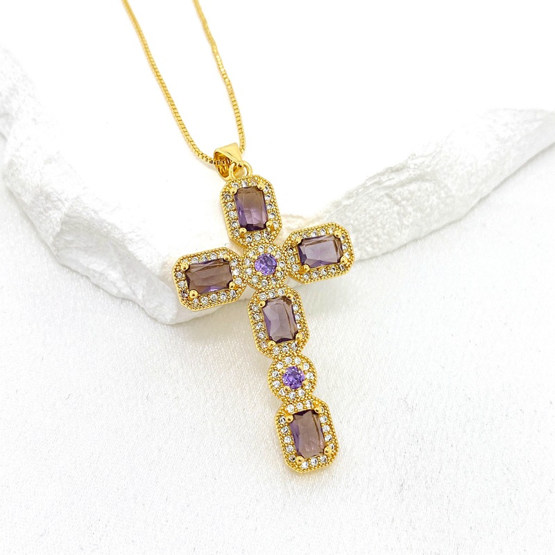 Fashion Purple Copper Inlaid Zirconium Cross Necklace