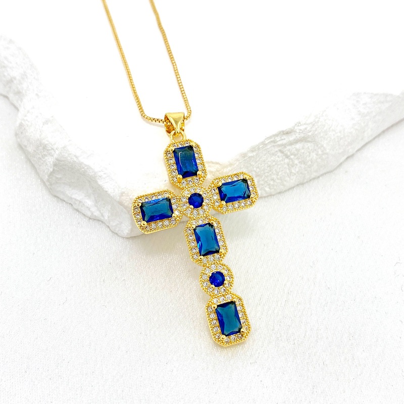 Fashion Blue Copper Inlaid Zirconium Cross Necklace