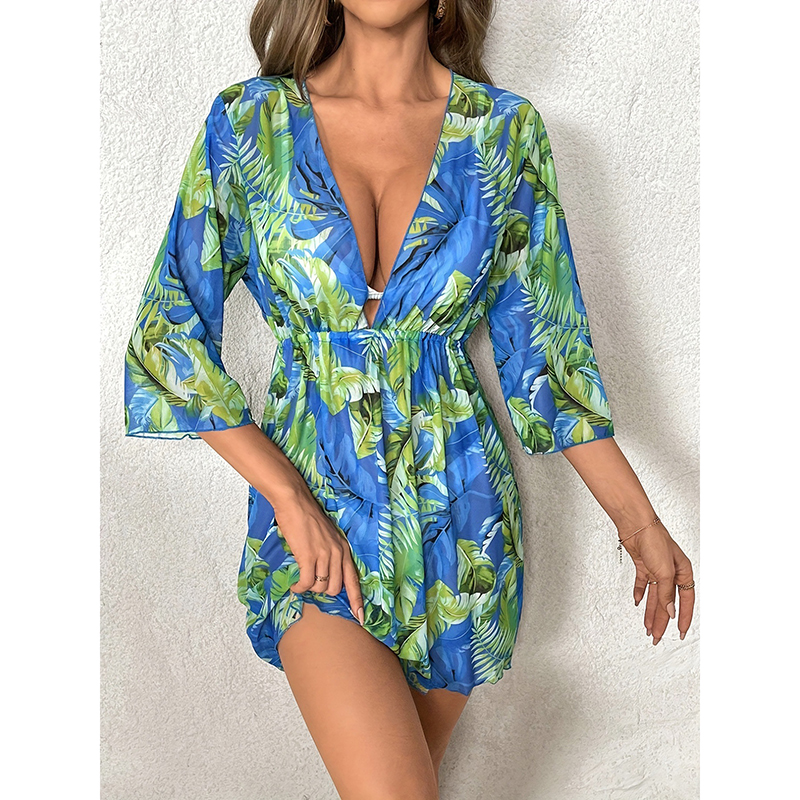 Fashion Emerald Polyester Printed Swimsuit Sun Protection Cover-up