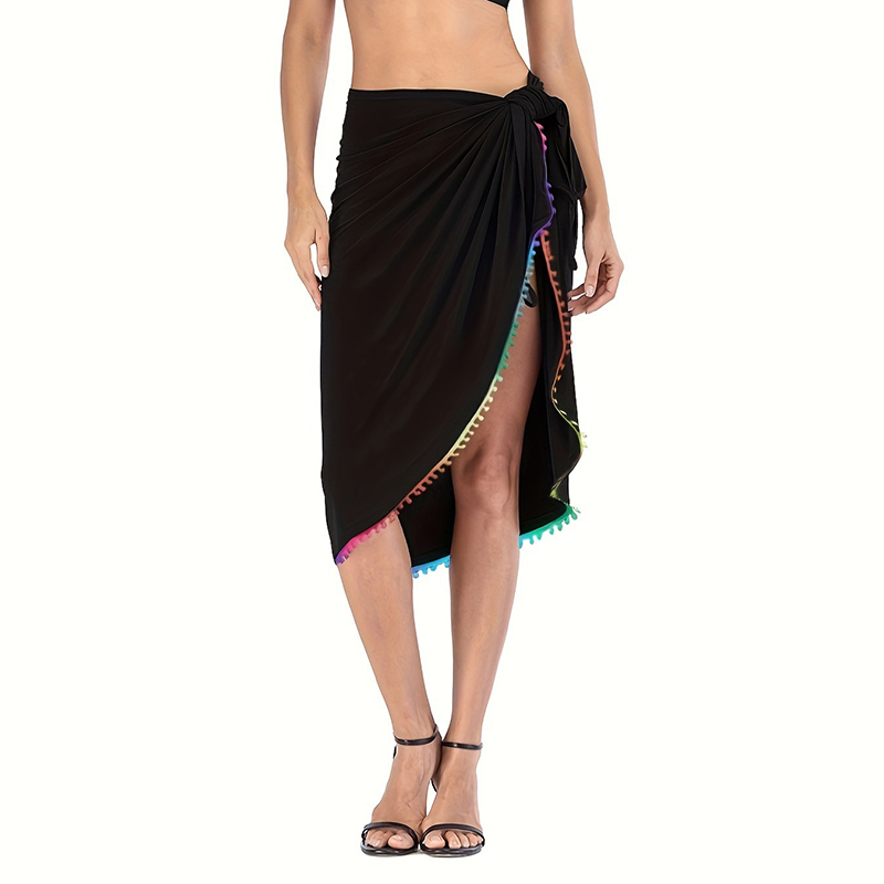 Fashion Black Rainbow Pom Pom Wrap Skirt