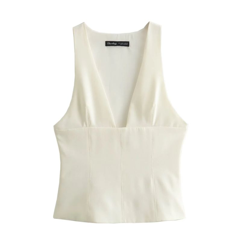 Fashion Off White Polyester V-neck Sleeveless Top