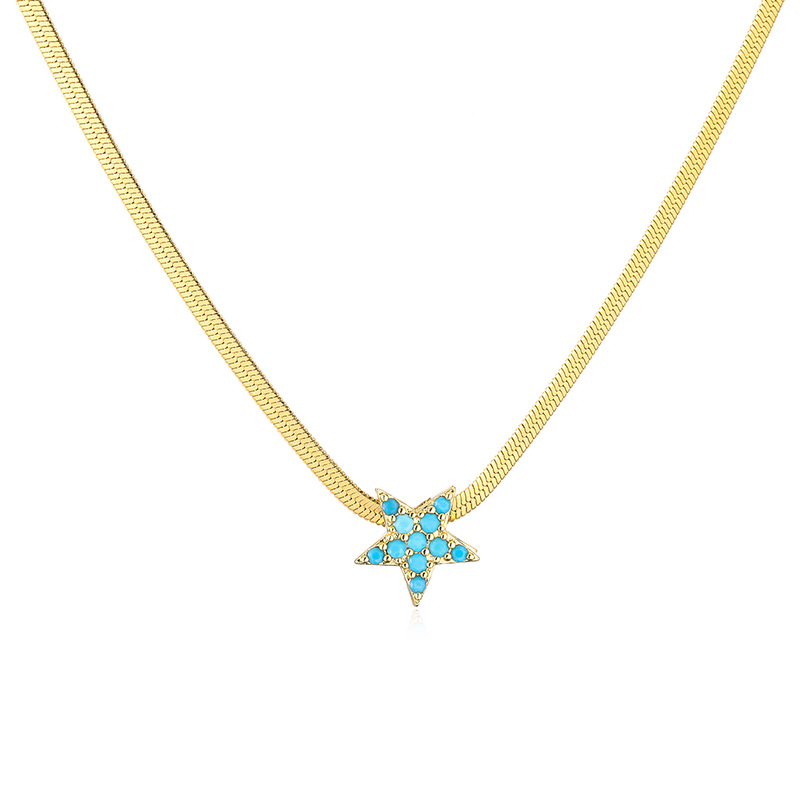 Fashion Golden Blue Pine Stars Stainless Steel Blue Pine Star Blade Chain Necklace