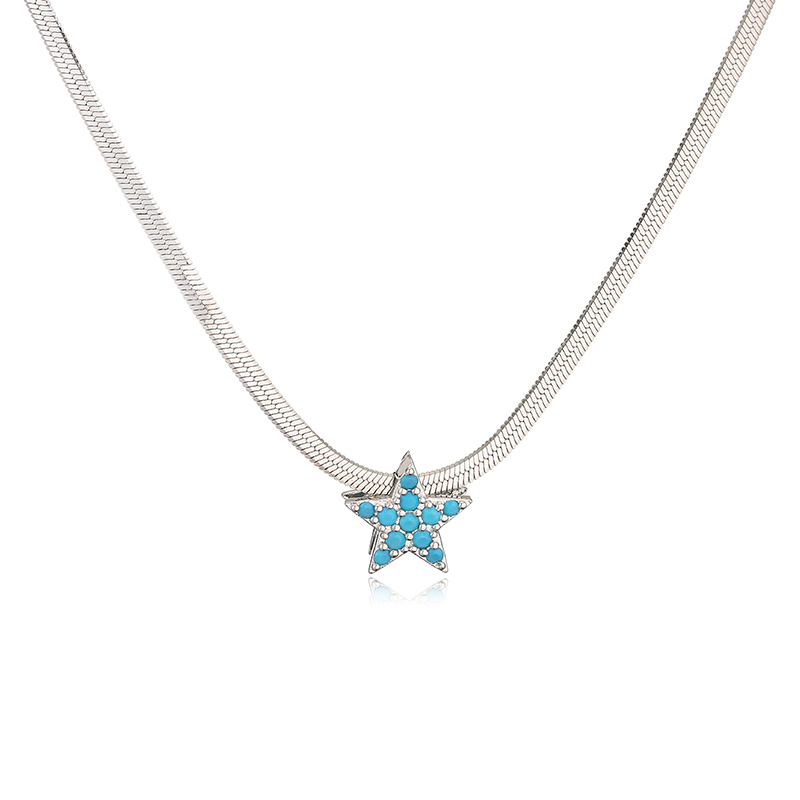 Fashion White Gold Blue Pine Stars Stainless Steel Blue Pine Star Blade Chain Necklace