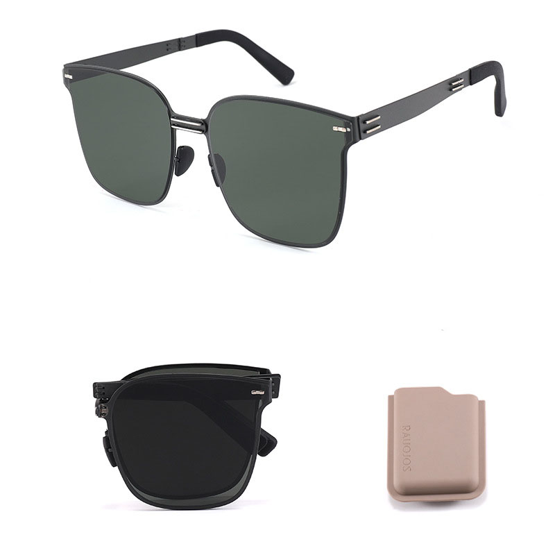 Fashion Gun Frame Dark Green Film (free Storage Box) Large Square Frame Folding Sunglasses