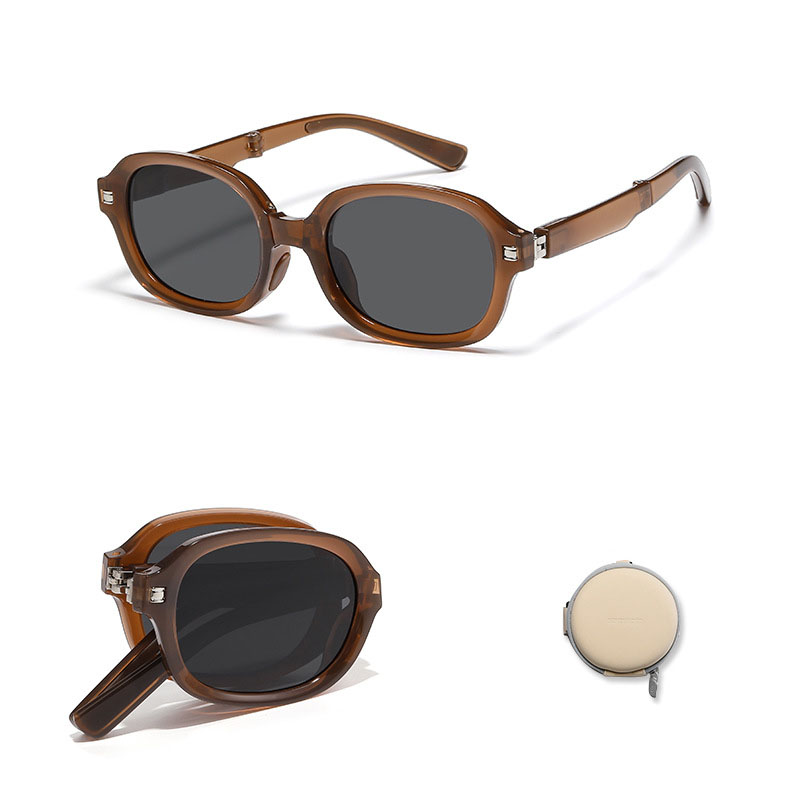 Fashion Black Pine Brown [tr Polarized + Small Round Box] Small Frame Folding Sunglasses
