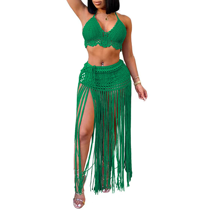 Fashion Green Handhook Halter Neck Tassel Skirt Beach Wear Two Piece Set