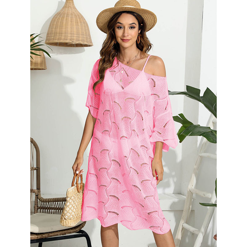 Fashion Pink One-line Neckline Hollow Overskirt