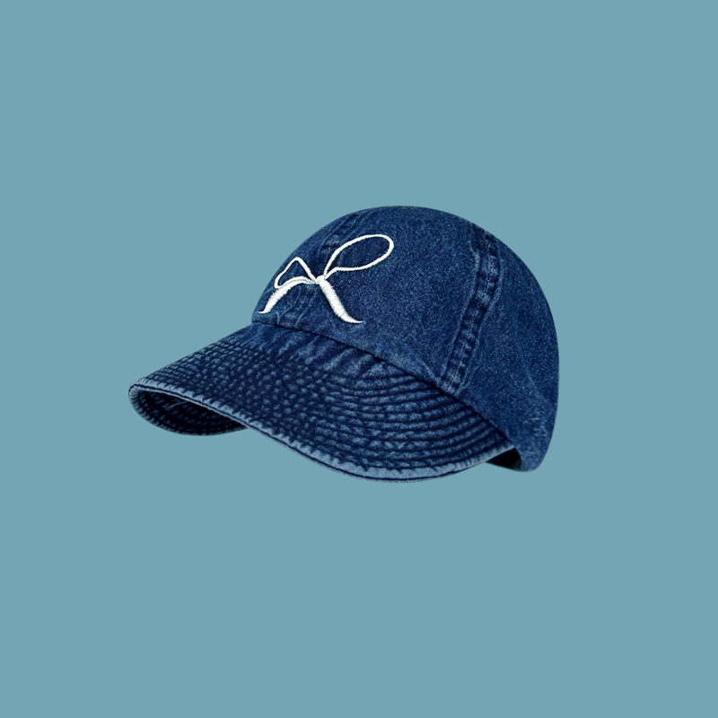 Fashion Bucket Hat:bow Embroidery Dark Blue Polyester Strappy Bow Baseball Cap