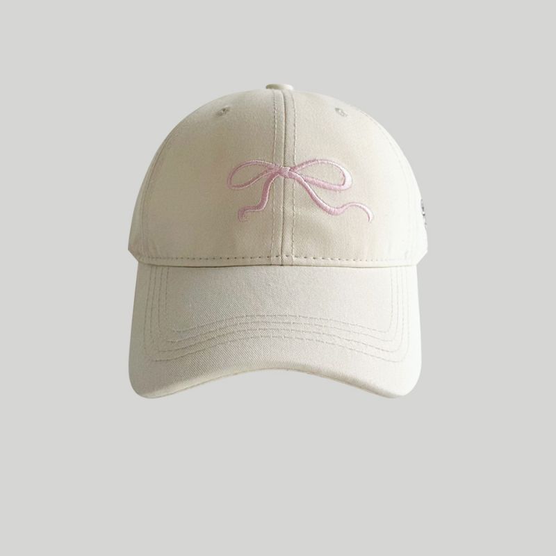Fashion Beige Cotton Embroidered Bow Baseball Cap