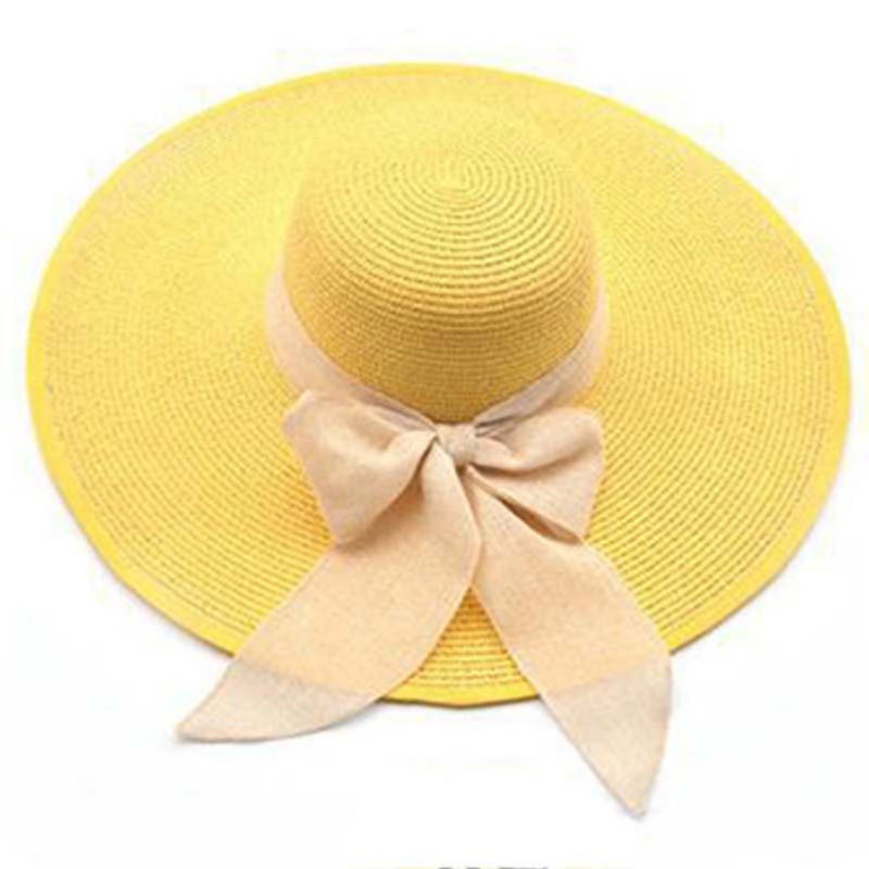 Fashion Yellow Straw Bow Large Brim Sun Hat