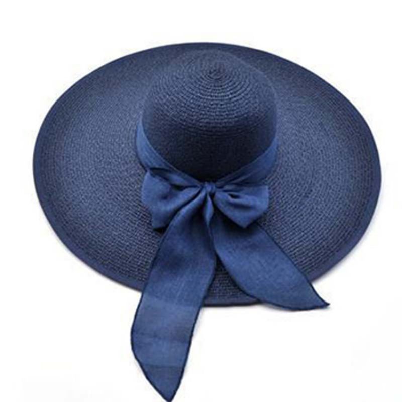 Fashion Navy Blue Straw Bow Large Brim Sun Hat