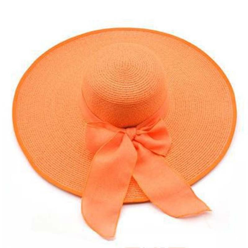 Fashion Orange Straw Bow Large Brim Sun Hat