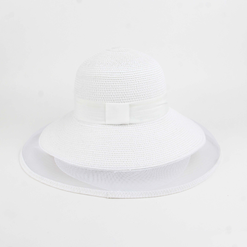Fashion Enlarged Brim White Mesh Spliced Straw Large Brim Sun Hat