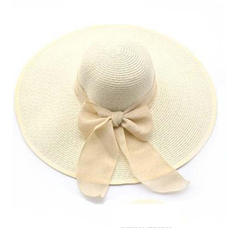 Fashion Milky White Straw Large Brim Ribbon Sun Hat