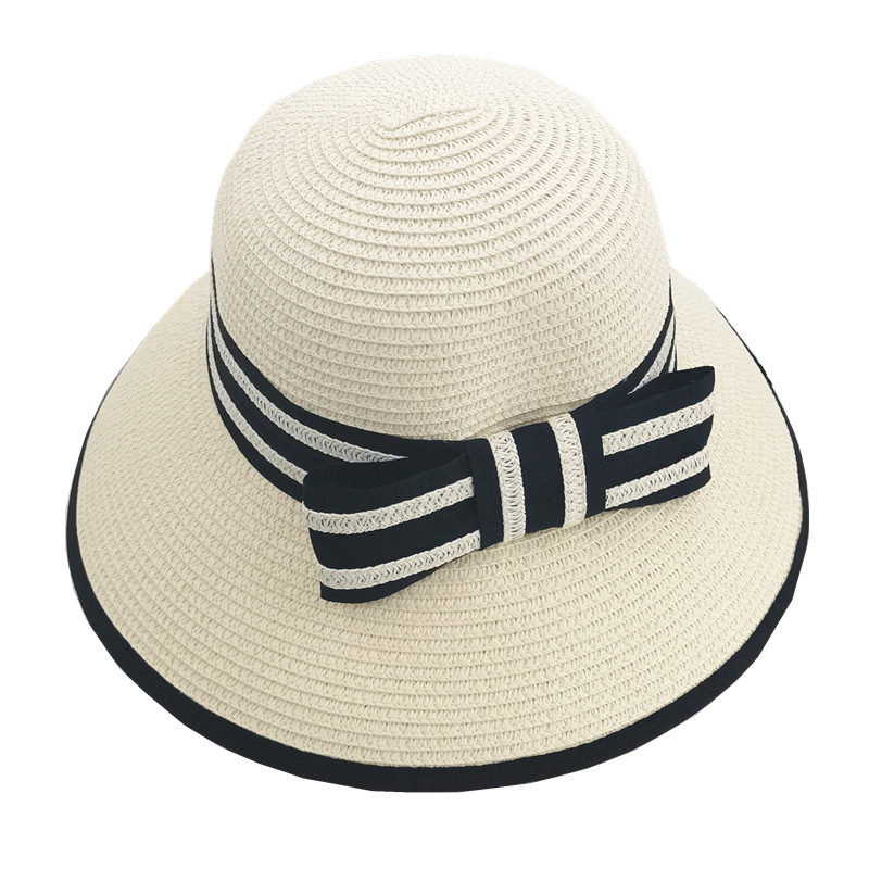 Fashion Milky White Straw Bow Large Brim Sun Hat