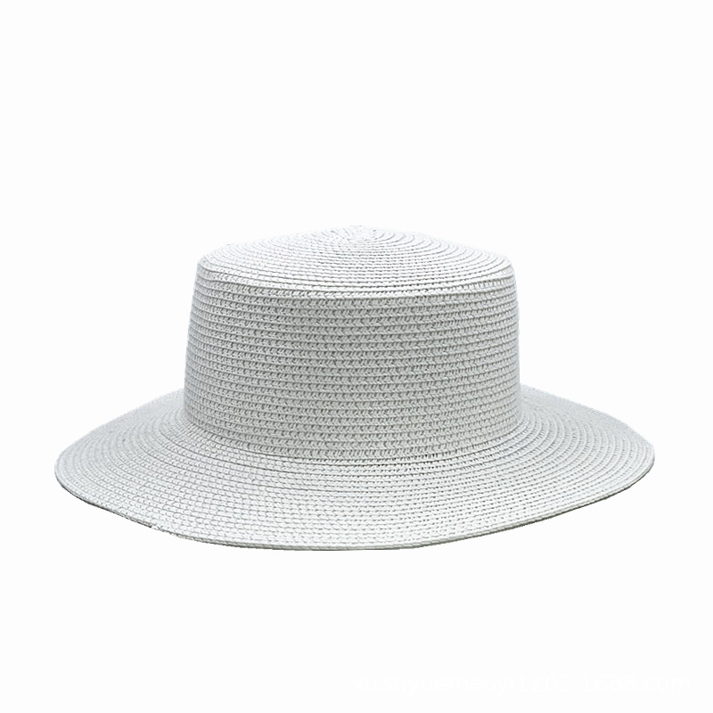Fashion White Straw Flat Top Large Brim Sun Hat