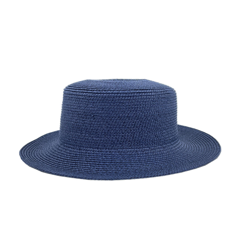 Fashion Navy Blue Straw Flat Top Large Brim Sun Hat