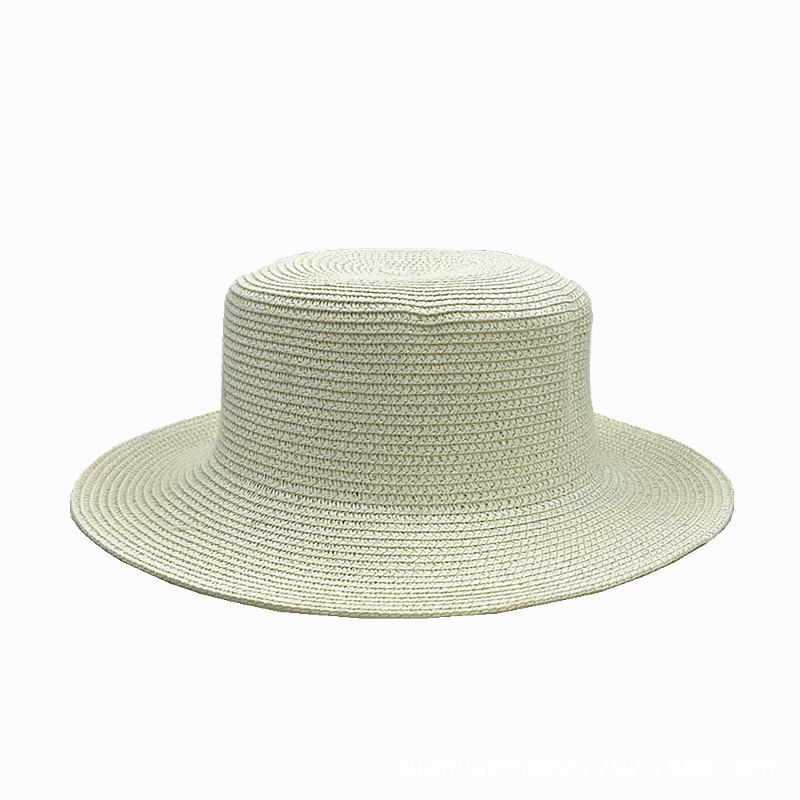 Fashion Milky White Straw Flat Top Large Brim Sun Hat