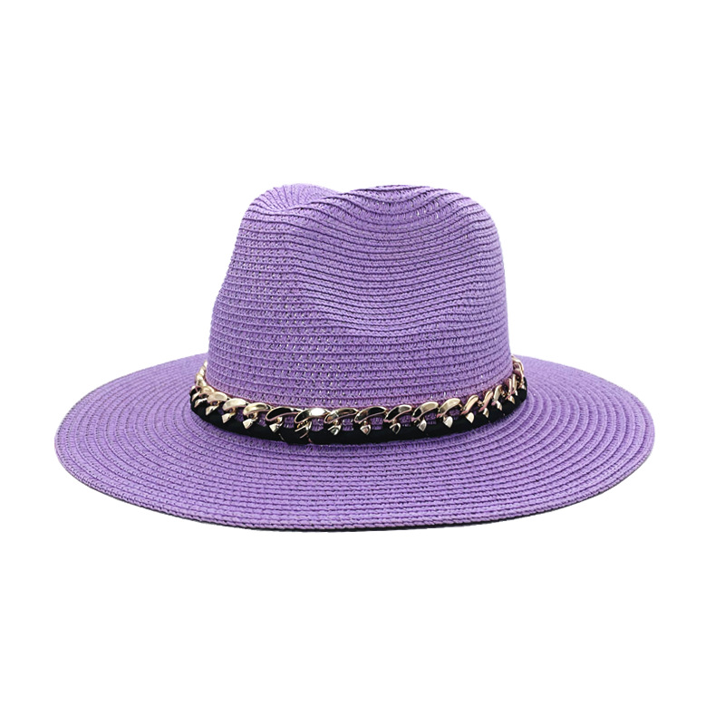 Fashion Purple Metal Chain Straw Large Brimmed Sun Hat