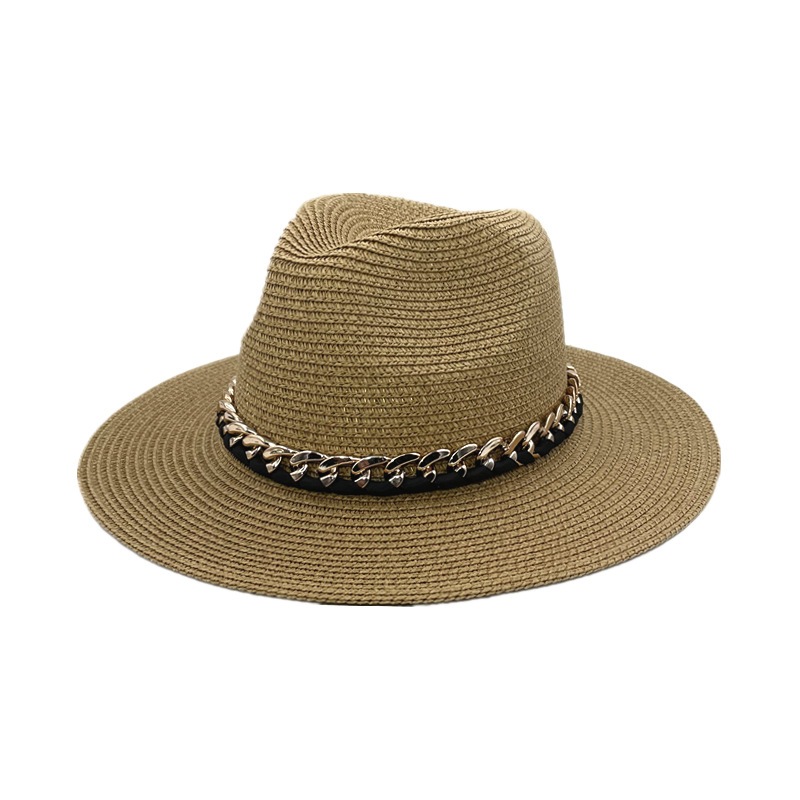 Fashion Khaki Metal Chain Straw Large Brimmed Sun Hat