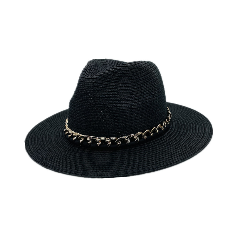 Fashion Black Metal Chain Straw Large Brimmed Sun Hat