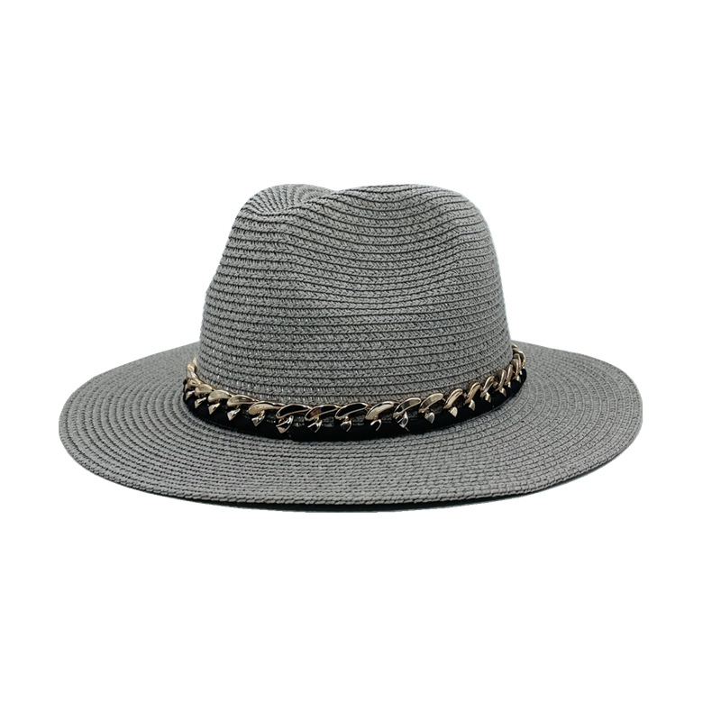 Fashion Grey Metal Chain Straw Large Brimmed Sun Hat