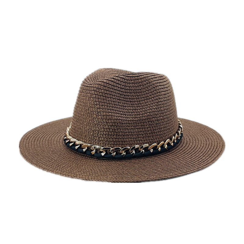 Fashion Brown Metal Chain Straw Large Brimmed Sun Hat