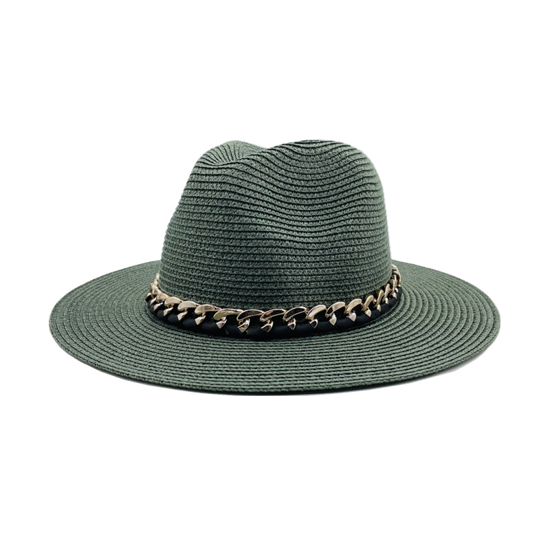 Fashion Dark Green Metal Chain Straw Large Brimmed Sun Hat