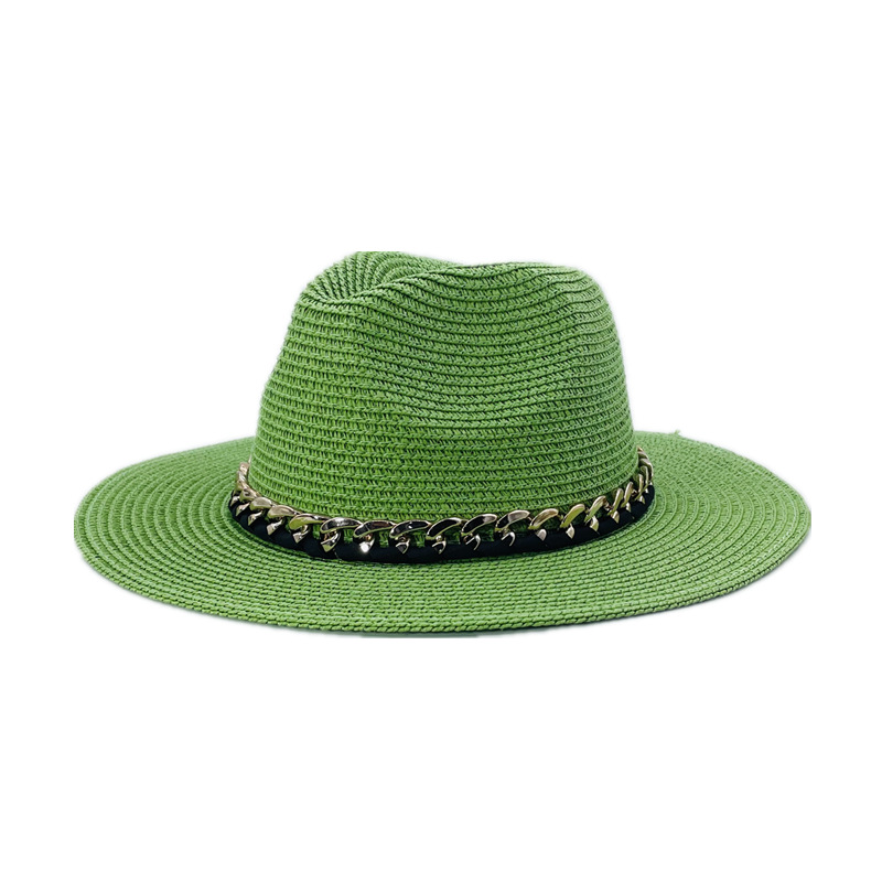 Fashion Light Green Metal Chain Straw Large Brimmed Sun Hat