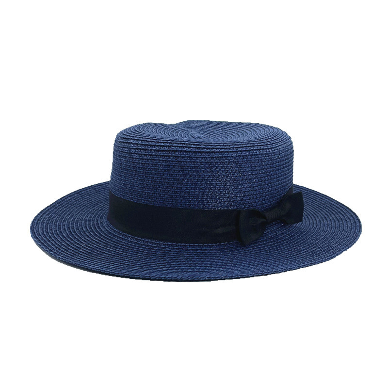 Fashion Navy Blue Flat Top Large Brim Straw Sun Hat