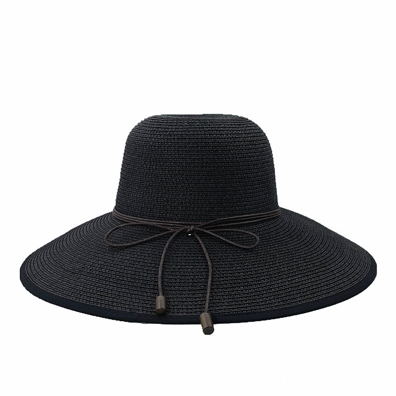 Fashion Black Straw Lace-up Large Brim Sun Hat