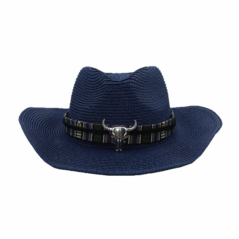Fashion Navy Blue Metal Cow Head Straw Sun Hat