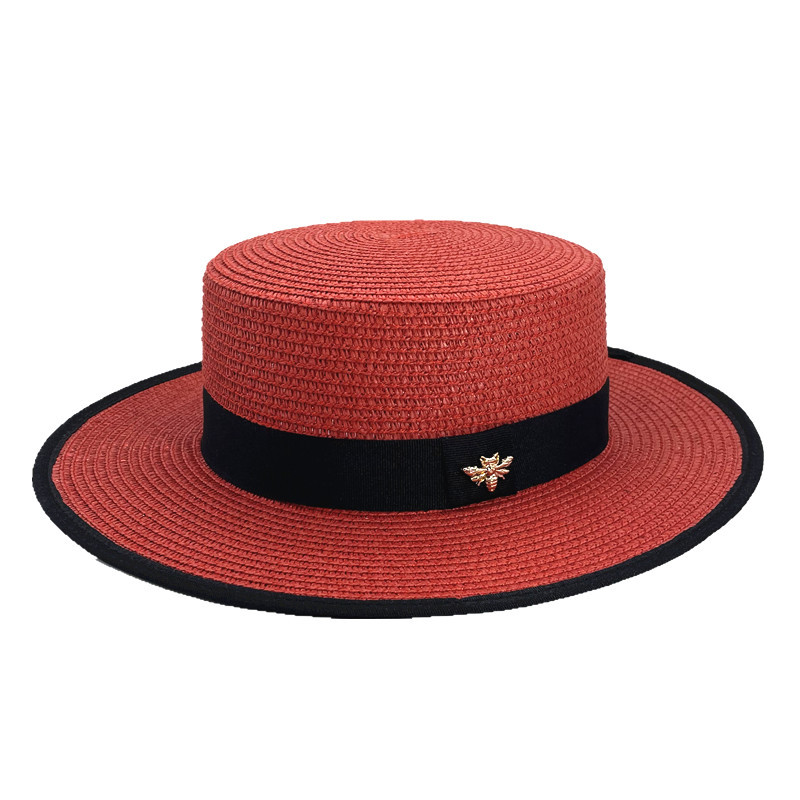 Fashion Red Flat Top Covered Webbing Large Brimmed Sun Hat