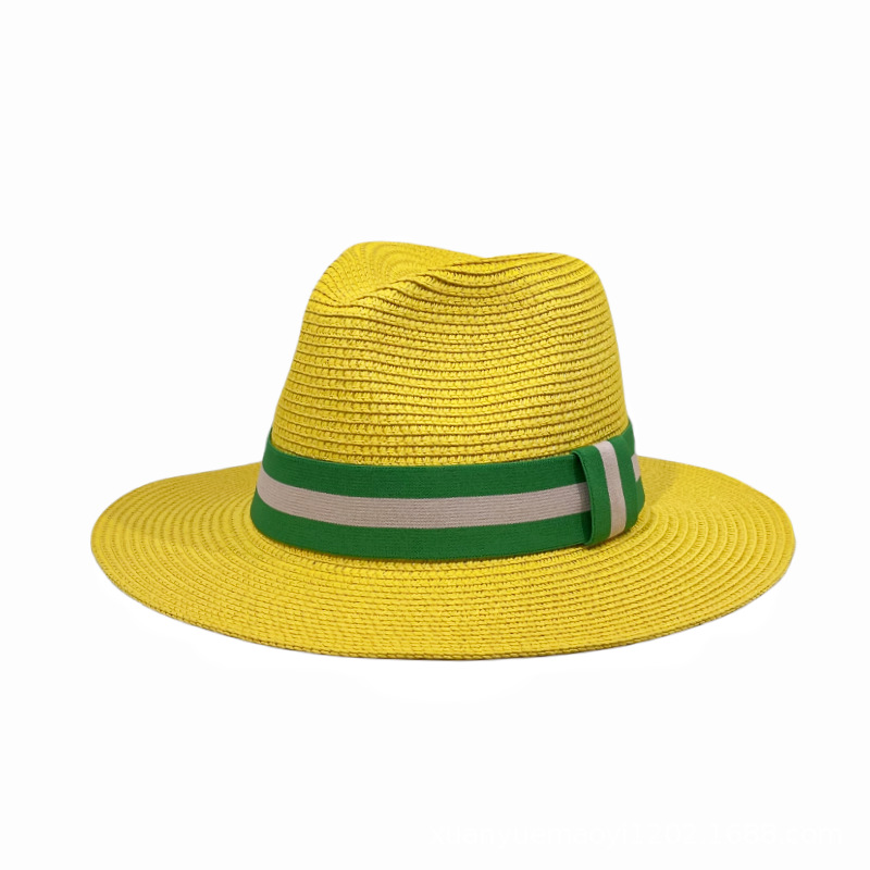 Fashion Yellow Color Block Web Straw Sun Hat