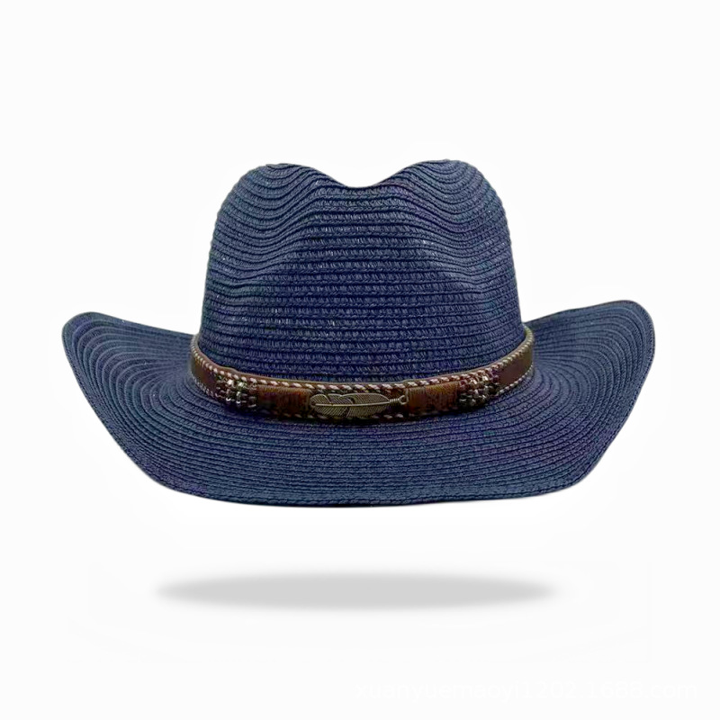 Fashion Navy Blue Metal Leaf Straw Curled Sun Hat