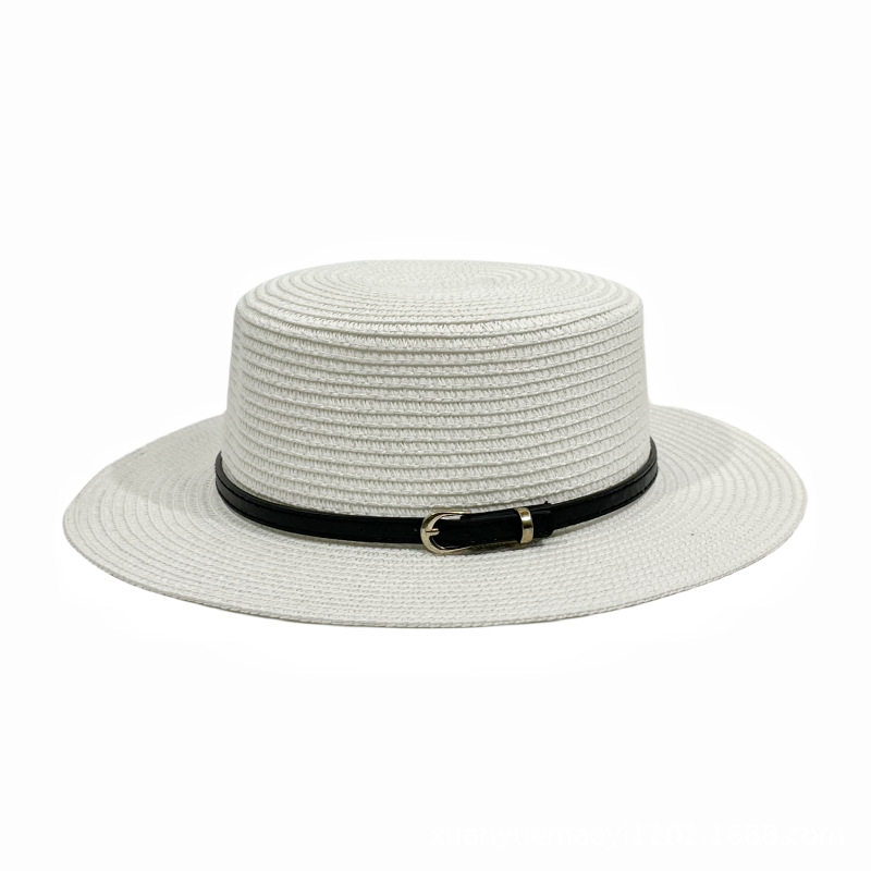 Fashion White Black Belt Straw Large Brim Sun Hat