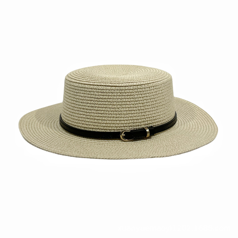 Fashion Beige Black Belt Straw Large Brim Sun Hat