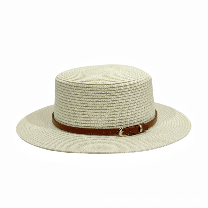 Fashion Cream Brown Belt Straw Large Brim Sun Hat