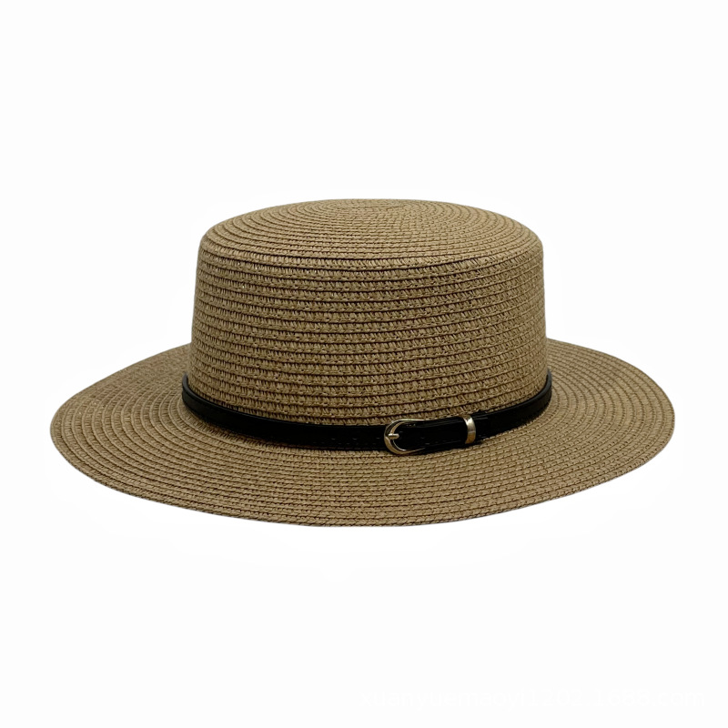 Fashion Khaki Black Belt Straw Large Brim Sun Hat
