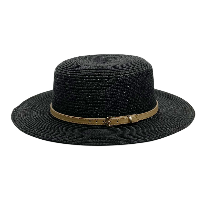 Fashion Black Khaki Belt Straw Large Brim Sun Hat