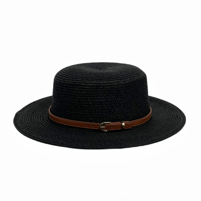 Fashion Black Brown Belt Straw Large Brim Sun Hat